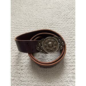 Roberto Cavalli Brown Leather Belt Large Ornate Studded Western Buckle Distress